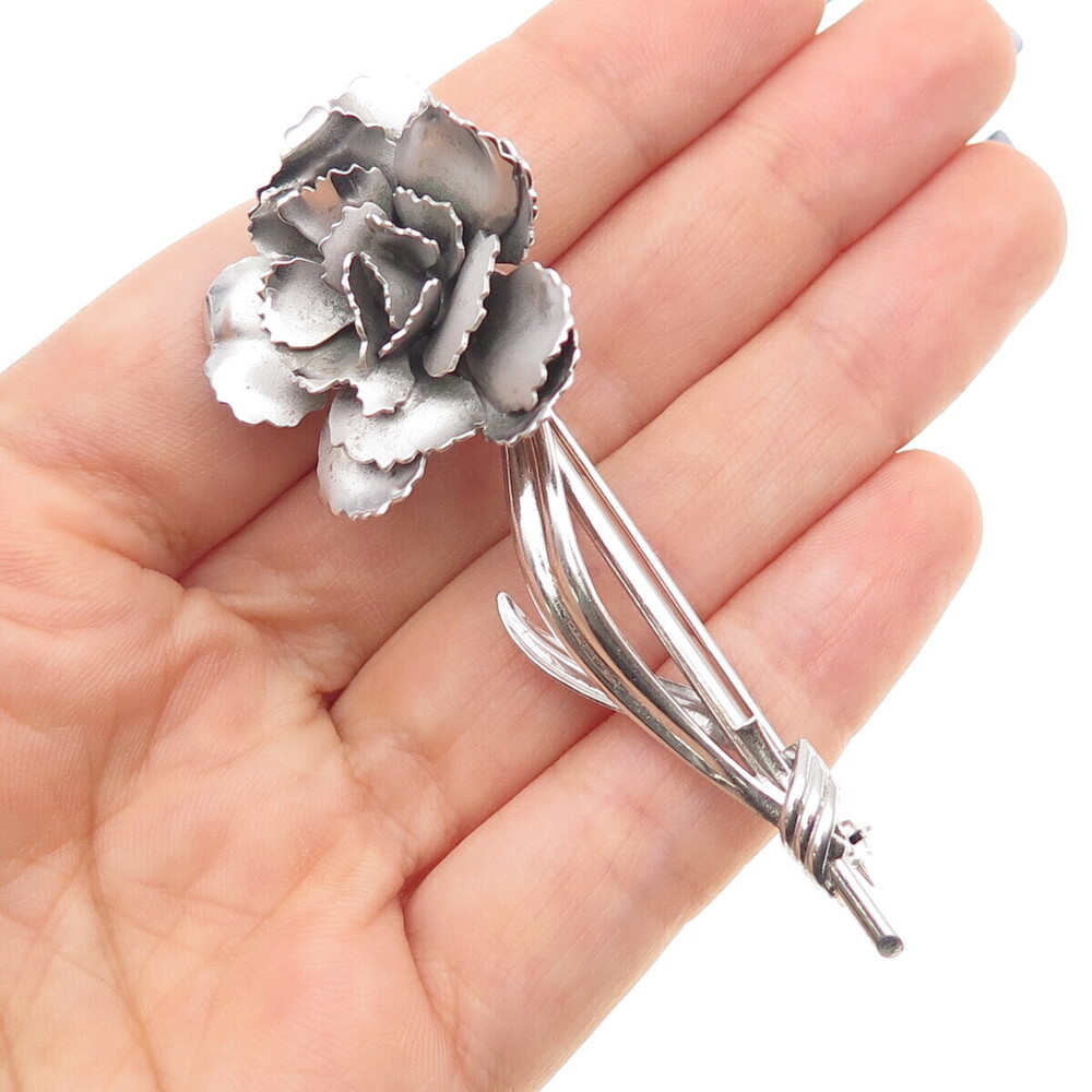 CARL ART 925 Sterling Silver Antique Art Deco Rose Flower Oxidized Pin Brooch